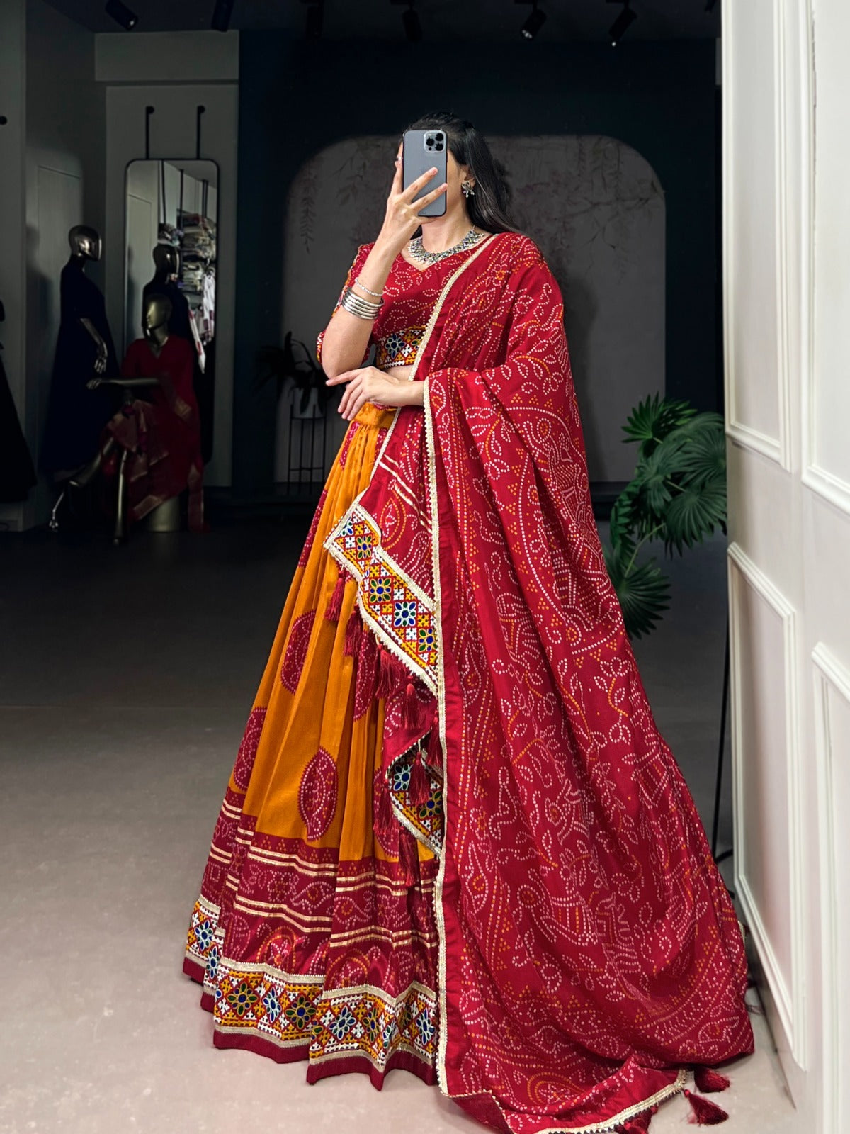 Presenting Navratri Chaniya Choly Tasar Silk Bandhej Print And Gamthi Work
