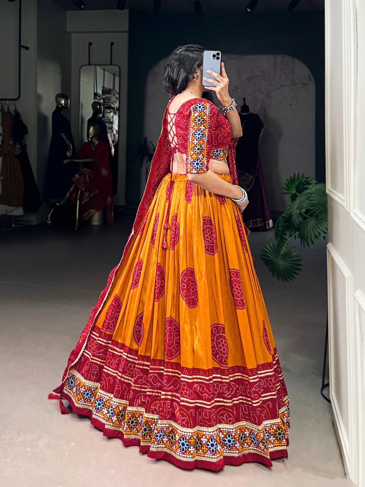 Presenting Navratri Chaniya Choly Tasar Silk Bandhej Print And Gamthi Work