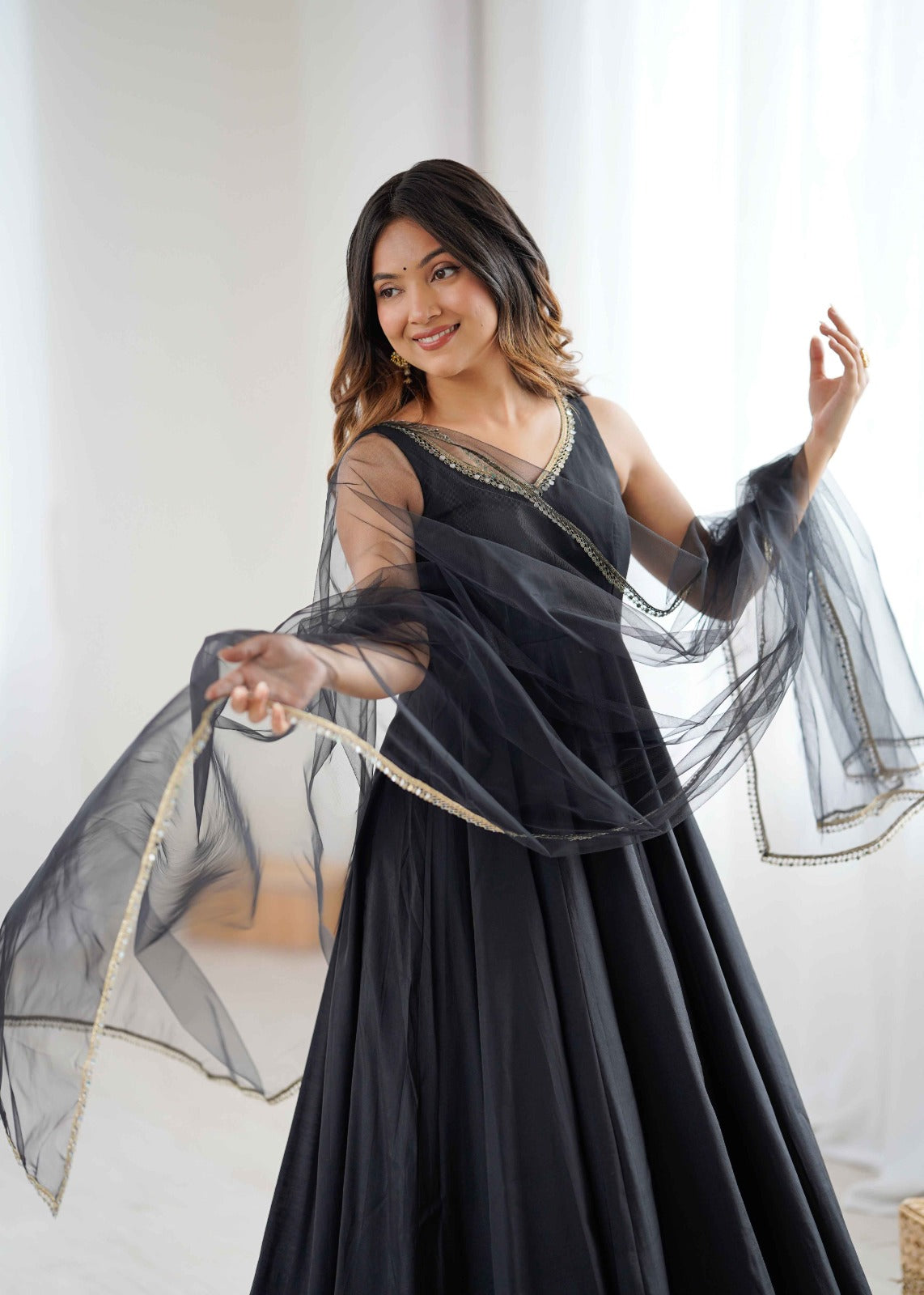 Black Color Chanderi Pure Roman Silk Anarkali Suit