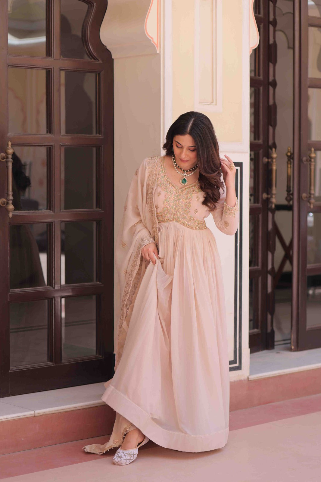 Cream Color Star Georgette Embroidered Gown