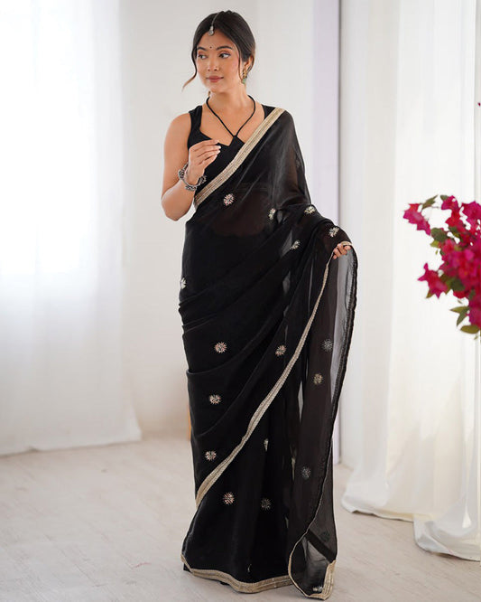Black Color Smooth Fandy Embroidered Saree