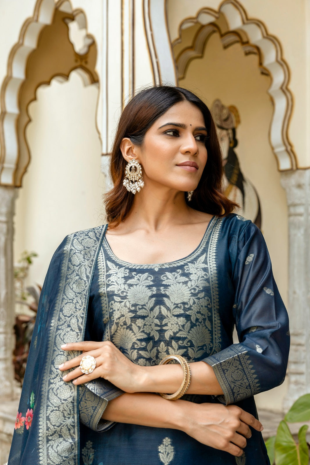 midnight blue Green Banarasi Silk Suit Set with Floral Dupatta