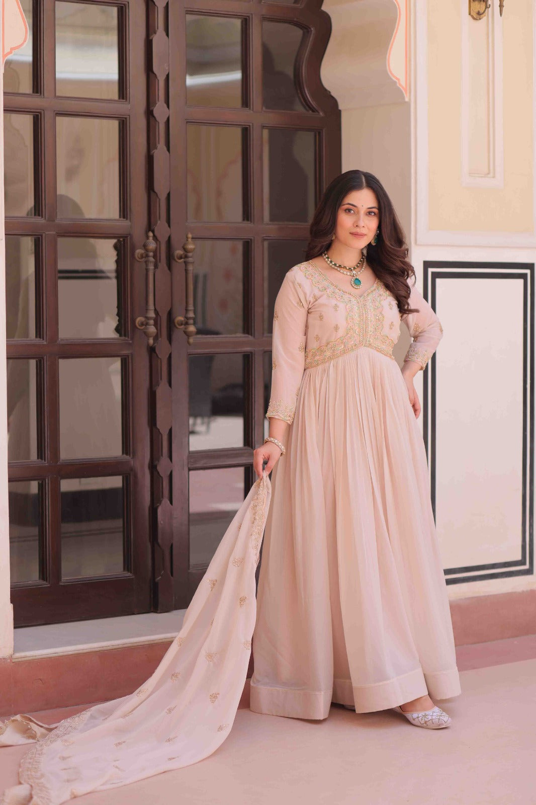 Cream Color Star Georgette Embroidered Gown