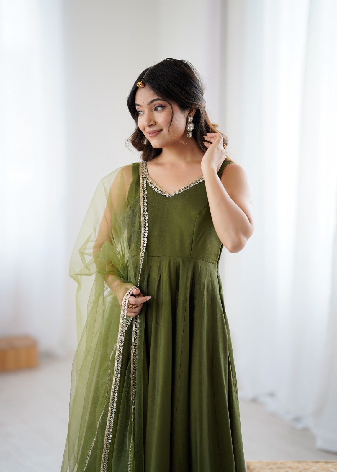 Mehndi Color Chanderi Pure Roman Silk Anarkali Suit