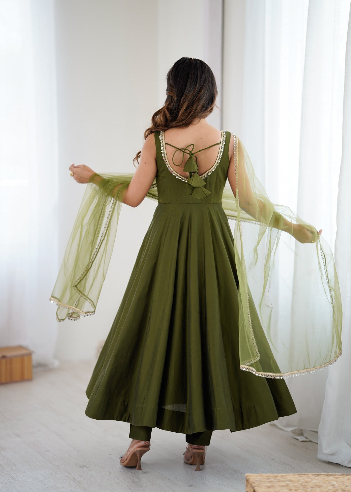 Mehndi Color Chanderi Pure Roman Silk Anarkali Suit