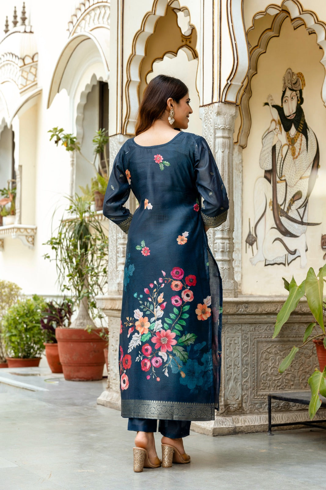 midnight blue Green Banarasi Silk Suit Set with Floral Dupatta