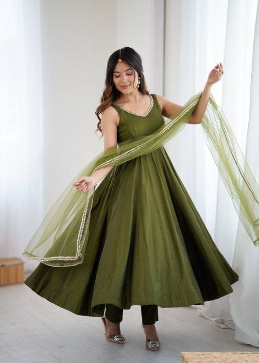 Mehndi Color Chanderi Pure Roman Silk Anarkali Suit