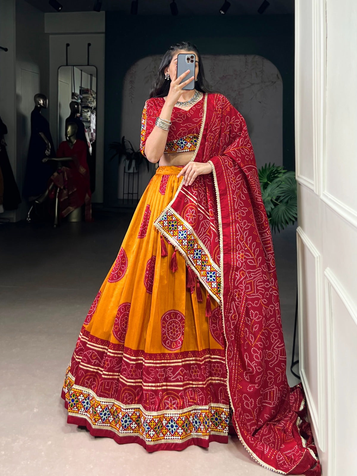 Presenting Navratri Chaniya Choly Tasar Silk Bandhej Print And Gamthi Work