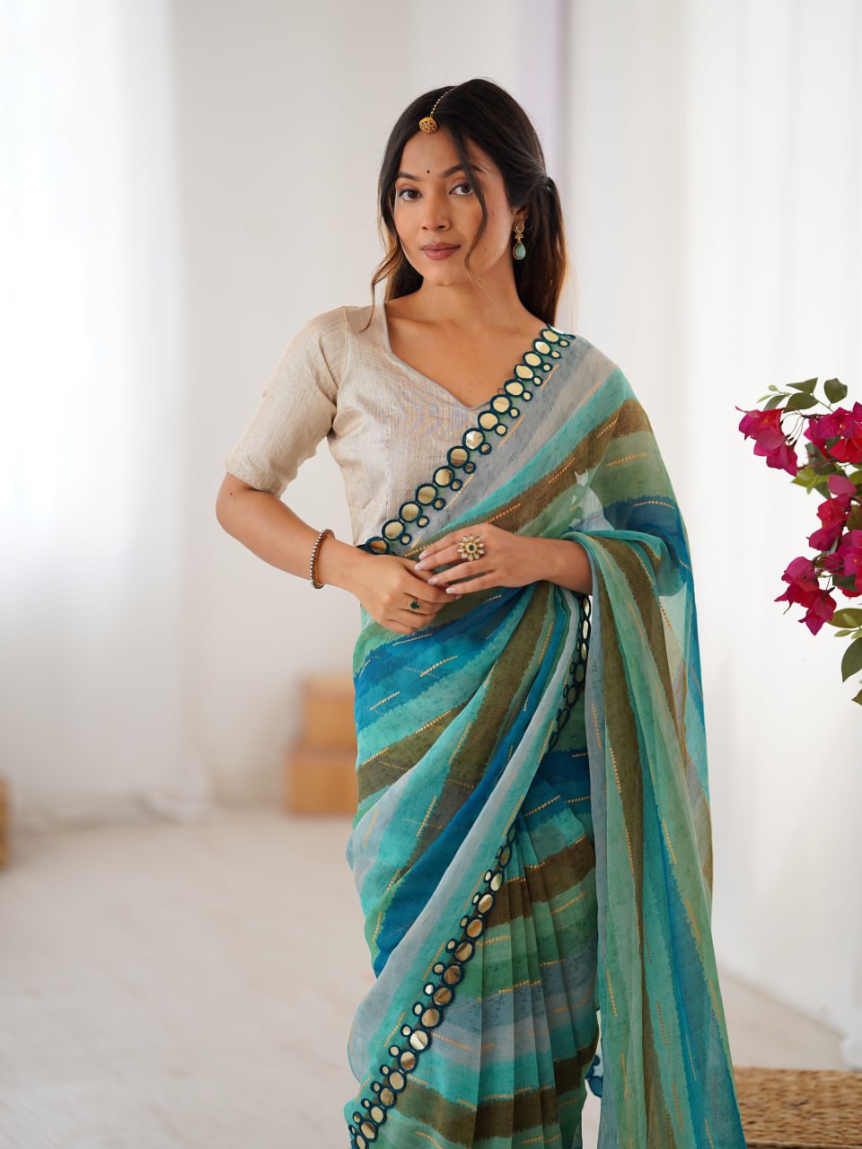 Navrang09 Heavy Marble Chiffon Leriya Print Saree | Zari Work & Mirror Border