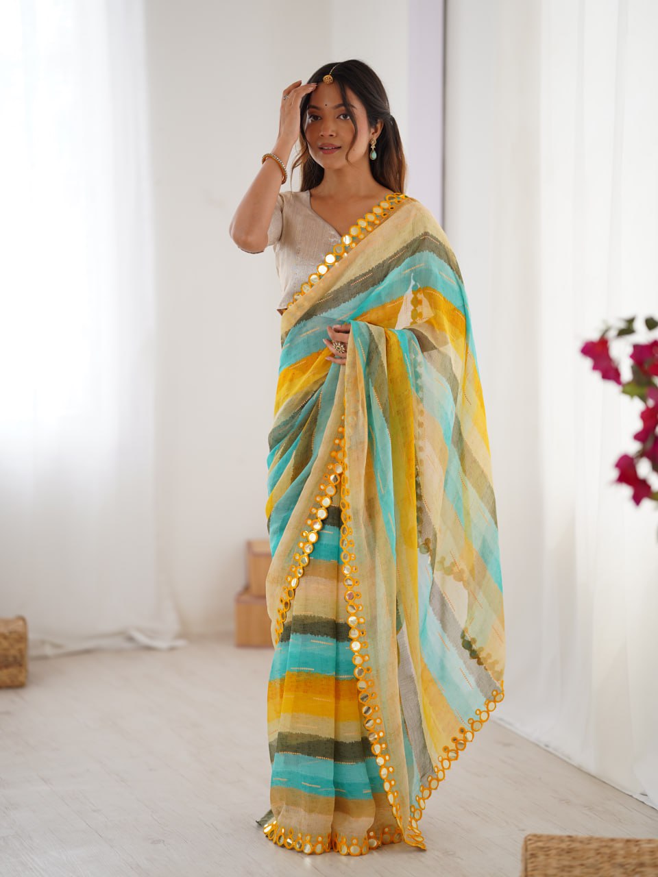Navrang09 Heavy Marble Chiffon Leriya Print Saree | Zari Work & Mirror Border