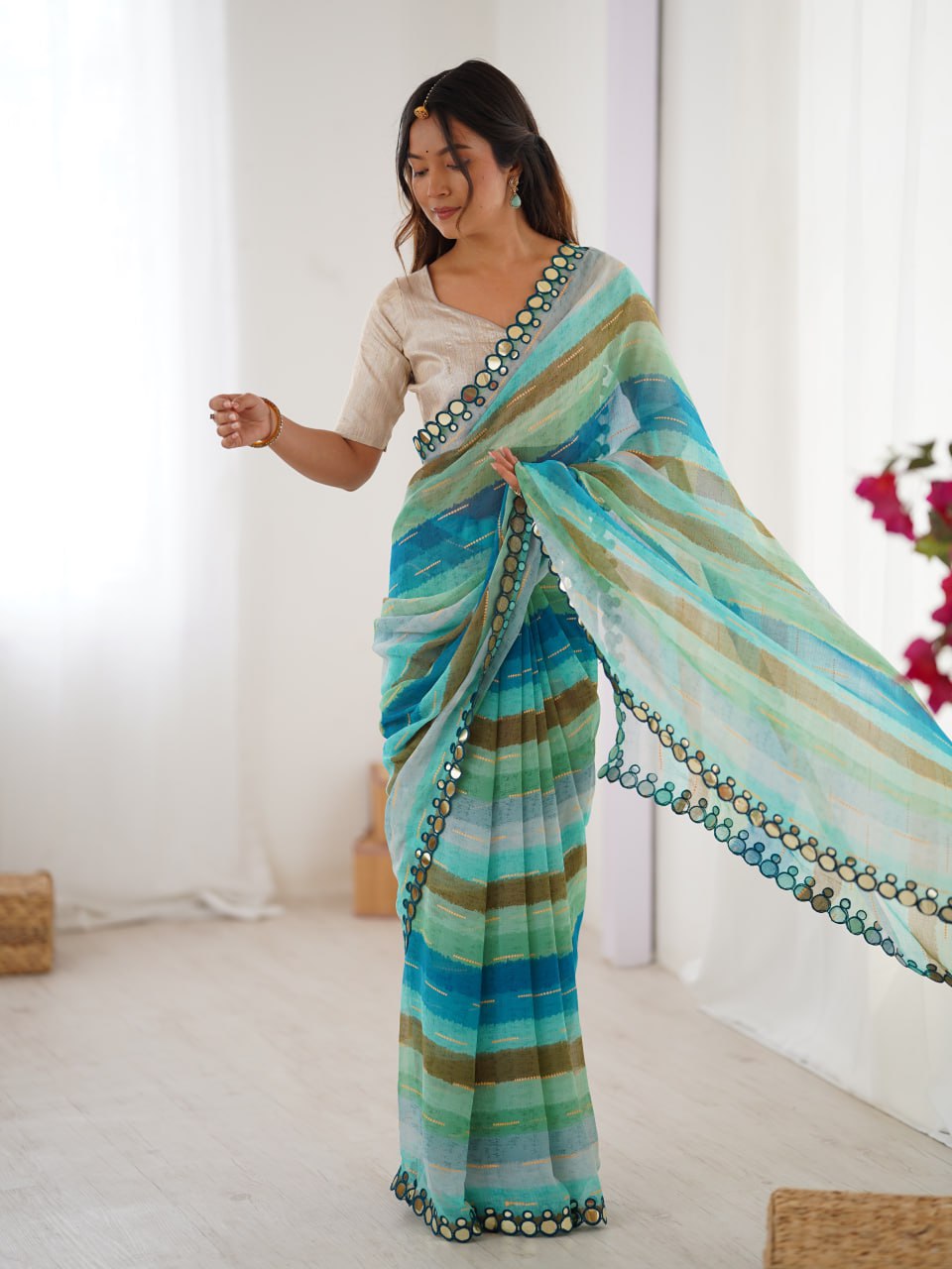 Navrang09 Heavy Marble Chiffon Leriya Print Saree | Zari Work & Mirror Border