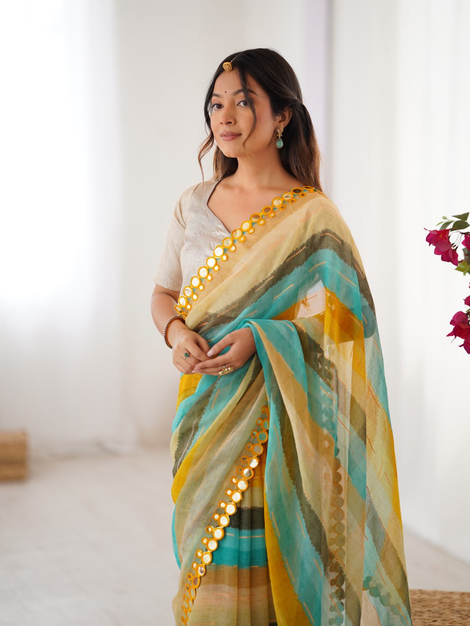 Navrang09 Heavy Marble Chiffon Leriya Print Saree | Zari Work & Mirror Border