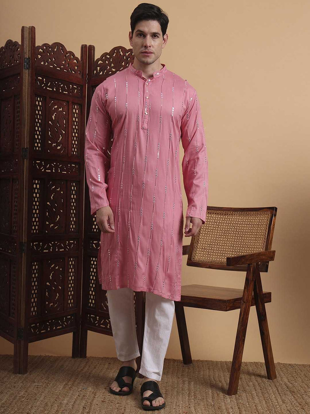 Men’s Pink Mirror Work Kurta with White Pajama – Festive &amp; Ethnic Wear
