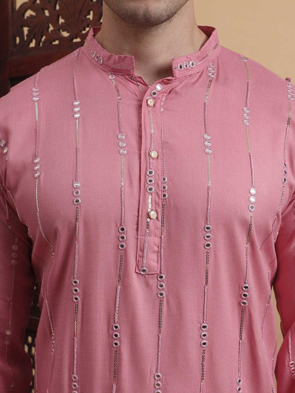 Men’s Pink Mirror Work Kurta with White Pajama – Festive &amp; Ethnic Wear