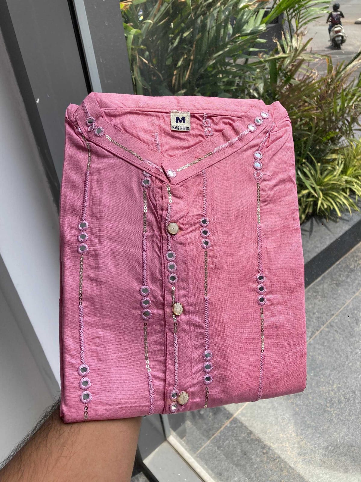 Men’s Pink Mirror Work Kurta with White Pajama – Festive &amp; Ethnic Wear