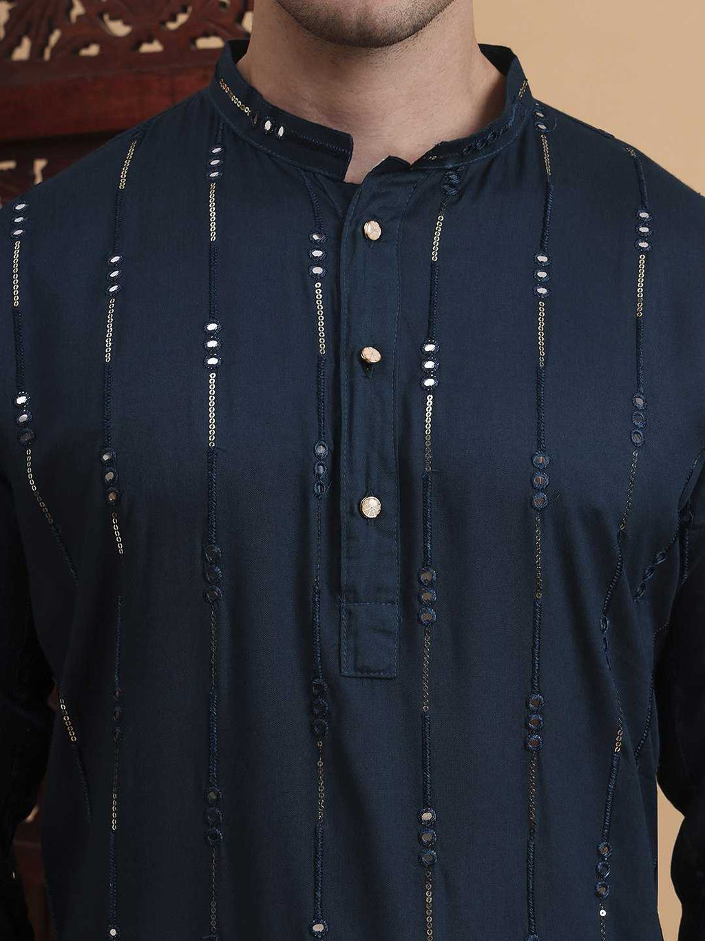 Navy Blue Festive Men’s Kurta with Shine Detailing – Navrang