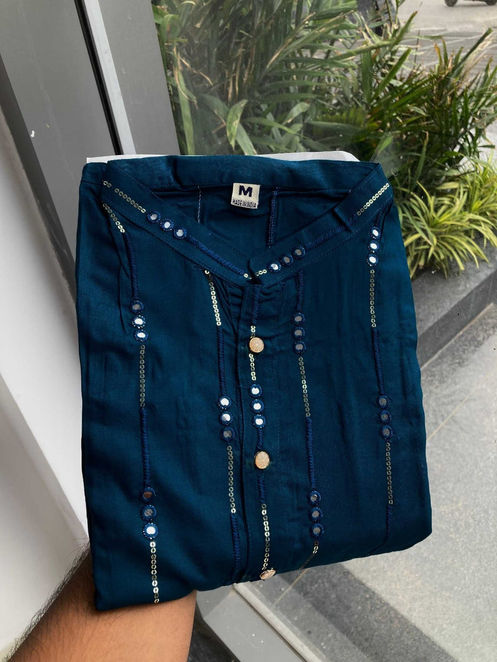 Navy Blue Festive Men’s Kurta with Shine Detailing – Navrang