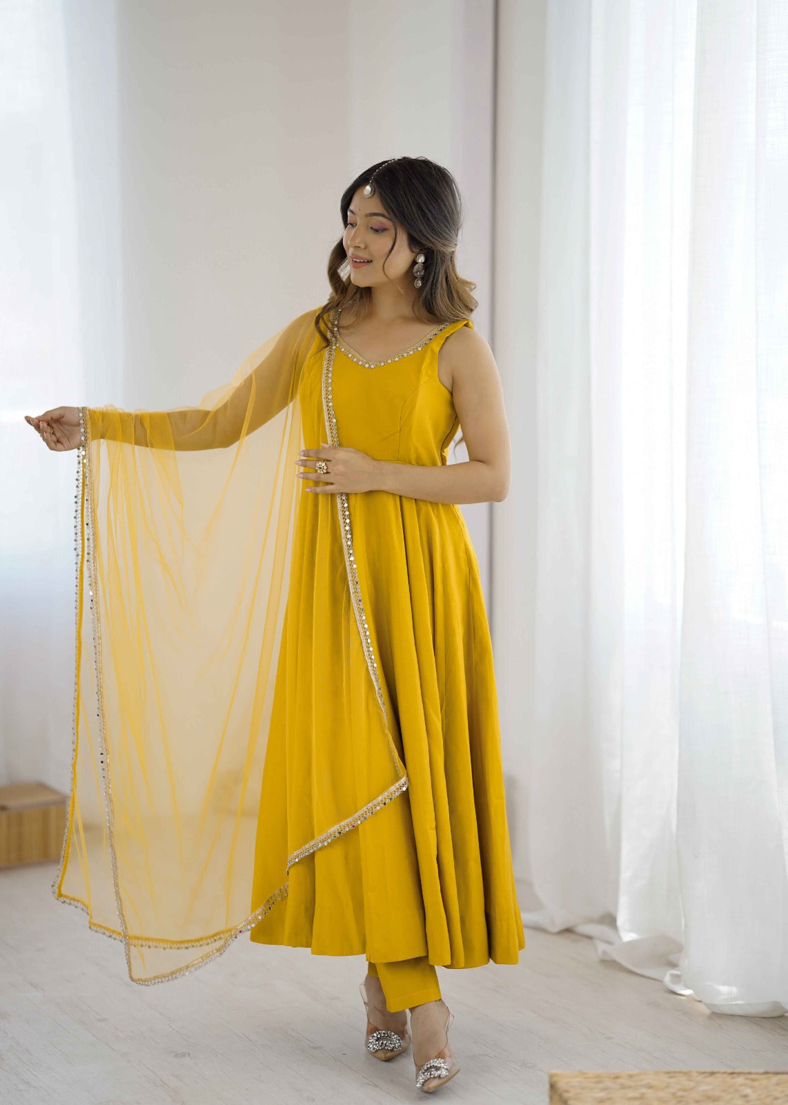 Yellow Color Chanderi Pure Roman Silk Anarkali Suit