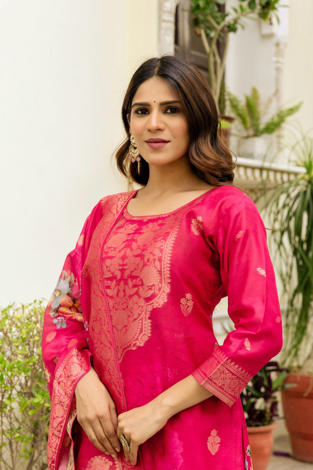 Elegant Pink Banarasi Silk Suit Set with Floral Dupatta