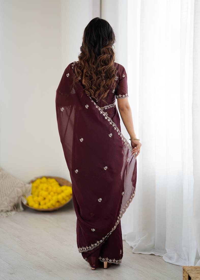 Dark Purple Georgette Saree With Embroidery & Moti Work