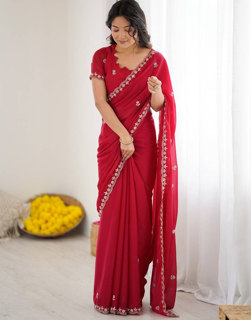 Rani Pink Georgette Saree With Embroidery & Moti Work
