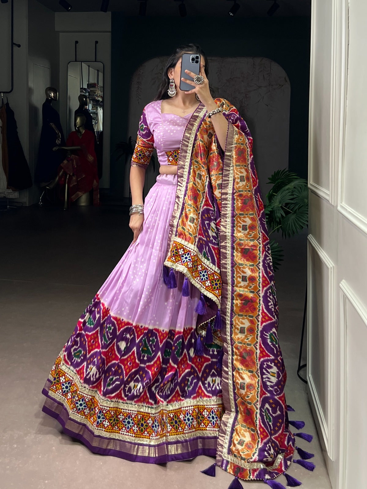 Today Presenting Navratri Special Chaniya Choly With Tasar Silk Print With Foil Work And Real Mirror Gamthi Work
