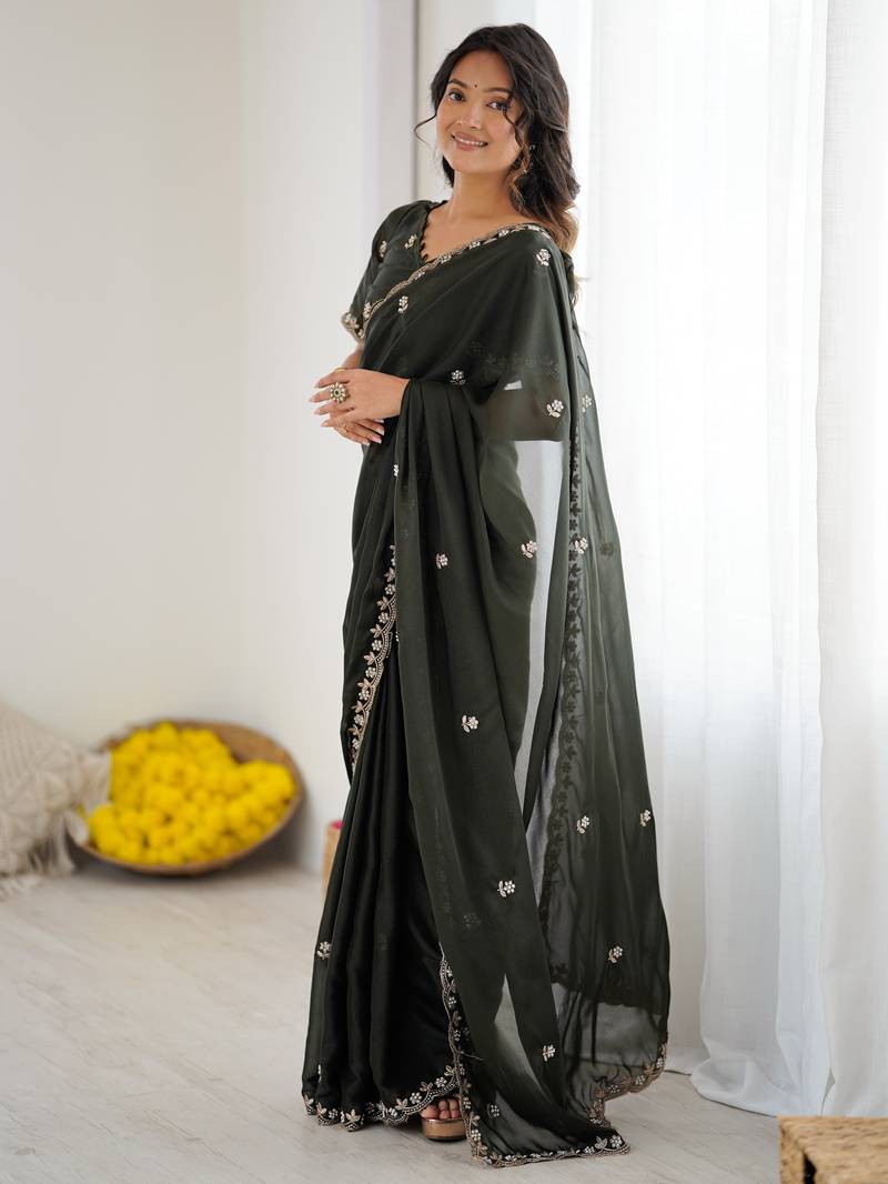 Mehendi Green Georgette Saree With Embroidery & Moti Work