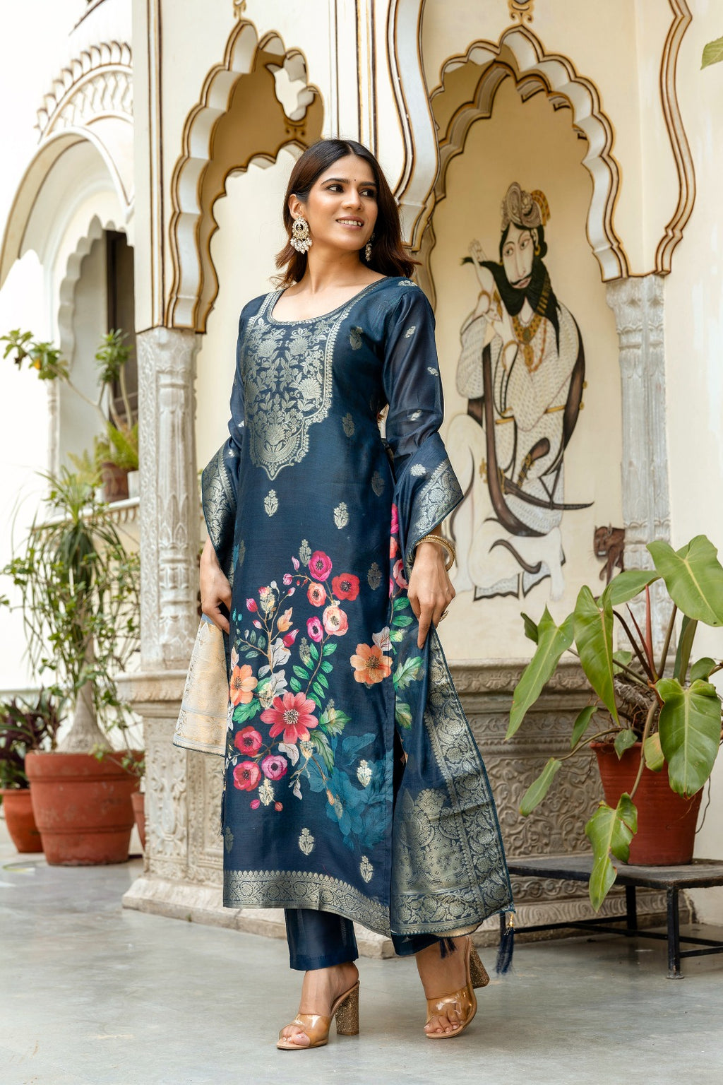 midnight blue Green Banarasi Silk Suit Set with Floral Dupatta