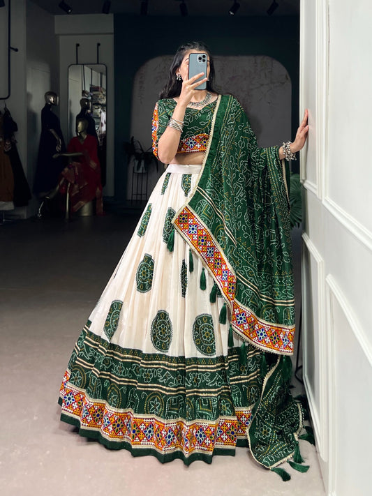 Presenting Navratri Chaniya Choly Tasar Silk Bandhej Print And Gamthi Work
