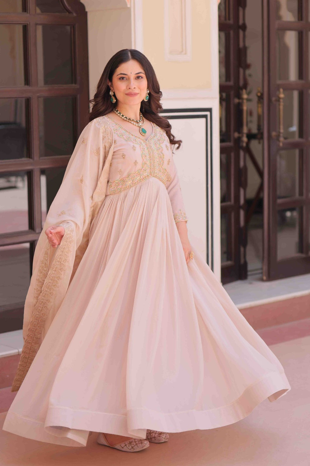 Cream Color Star Georgette Embroidered Gown