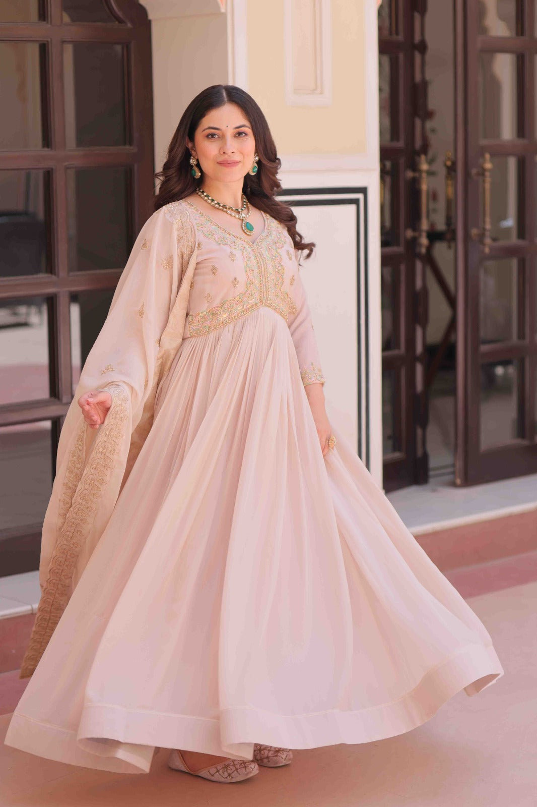 Cream Color Star Georgette Embroidered Gown