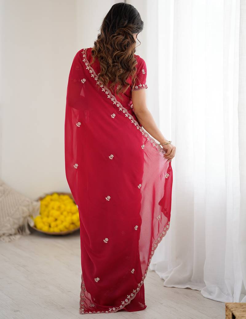 Rani Pink Georgette Saree With Embroidery & Moti Work
