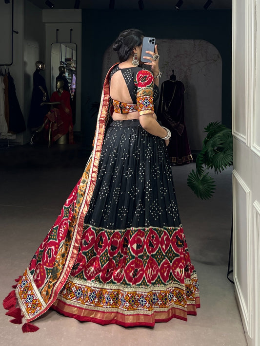 Navratri Special Chaniya Choly With Tasar Silk Print With Foil Work And Real Mirror Gamthi Work