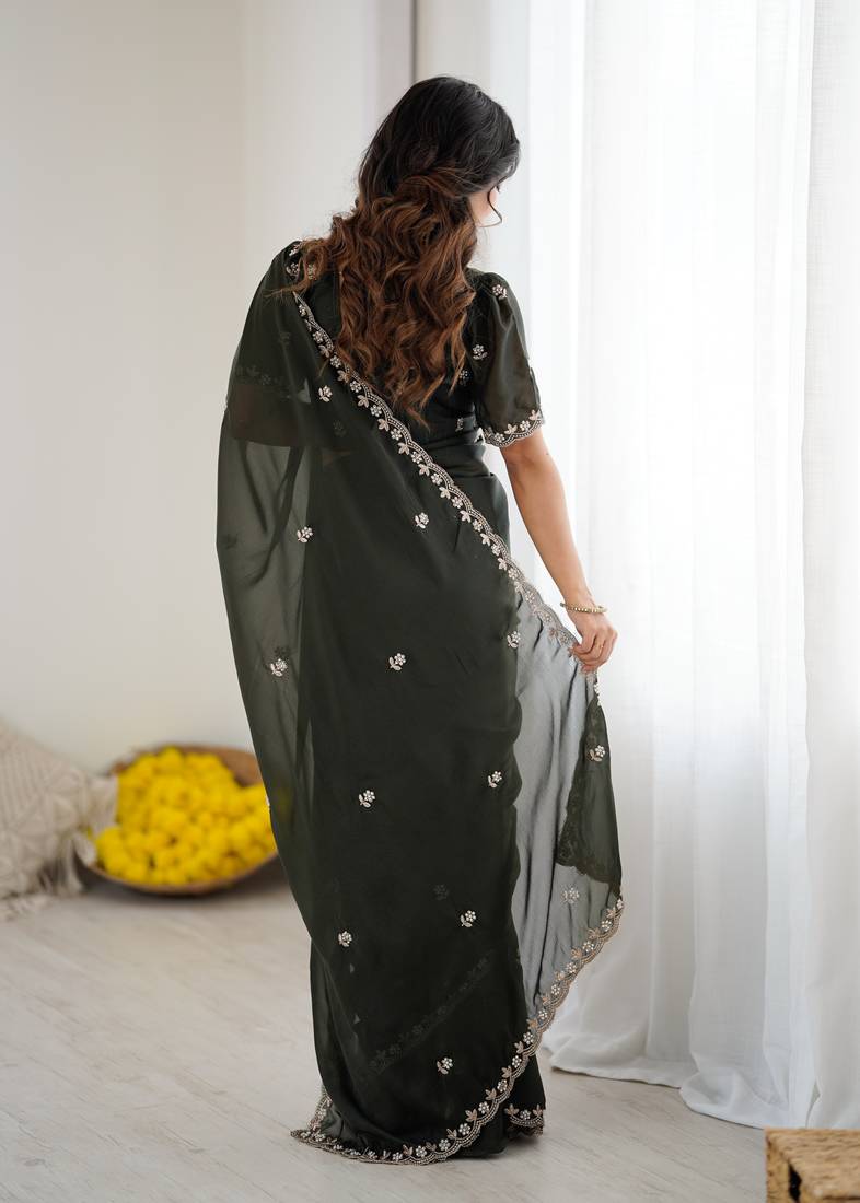 Mehendi Green Georgette Saree With Embroidery & Moti Work