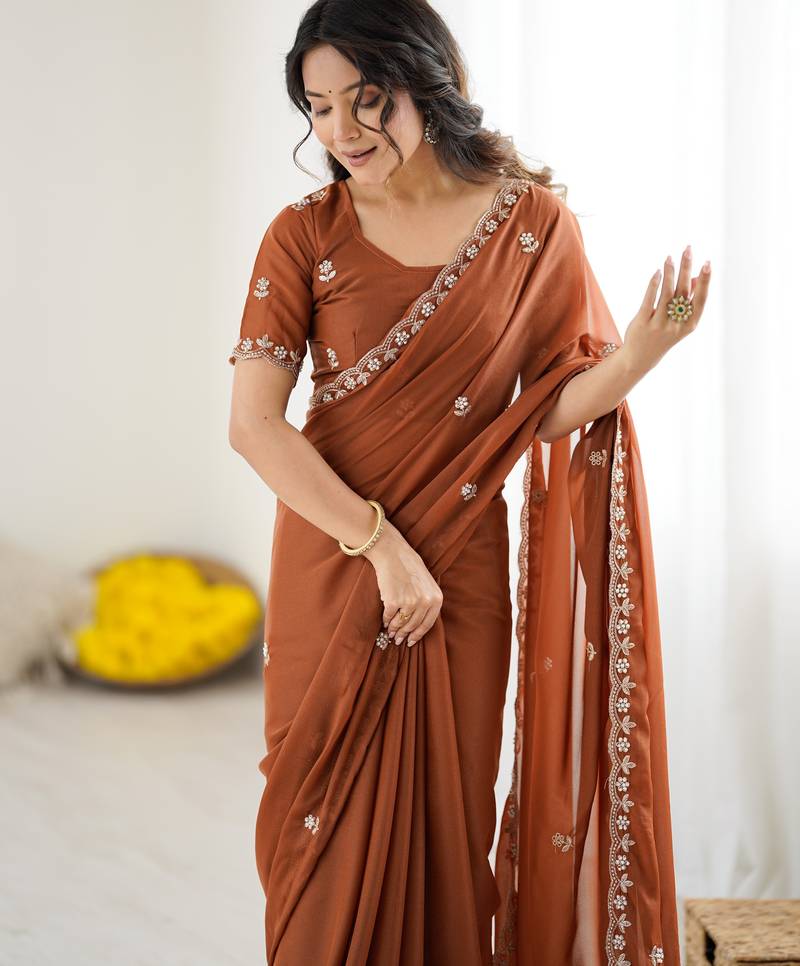 Rust Georgette Saree With Embroidery & Moti Work