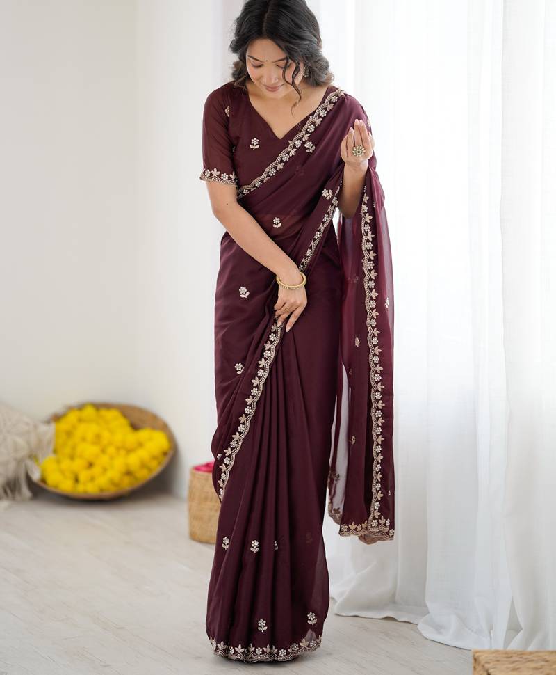 Dark Purple Georgette Saree With Embroidery & Moti Work