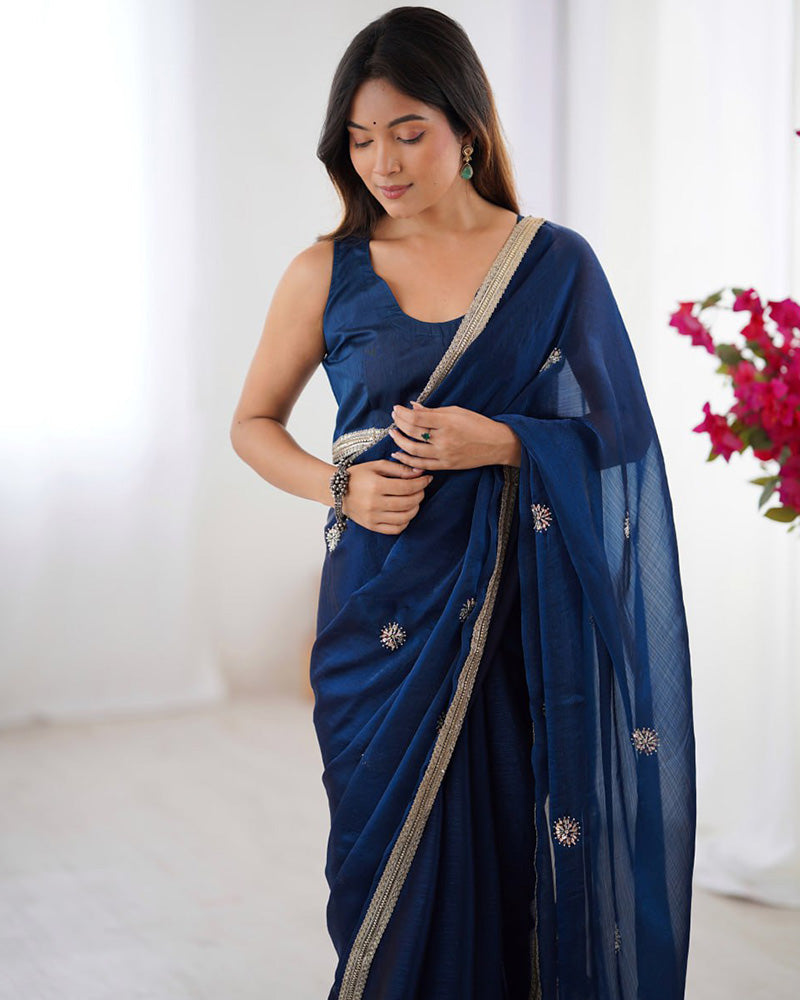 Navy Blue Color Smooth Fandy Embroidered Saree