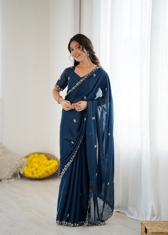 Blue Georgette Saree With Embroidery & Moti Work