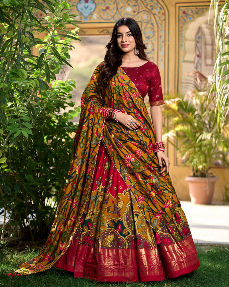 Woman wearing a traditional saree with a floral pattern in an outdoor setting