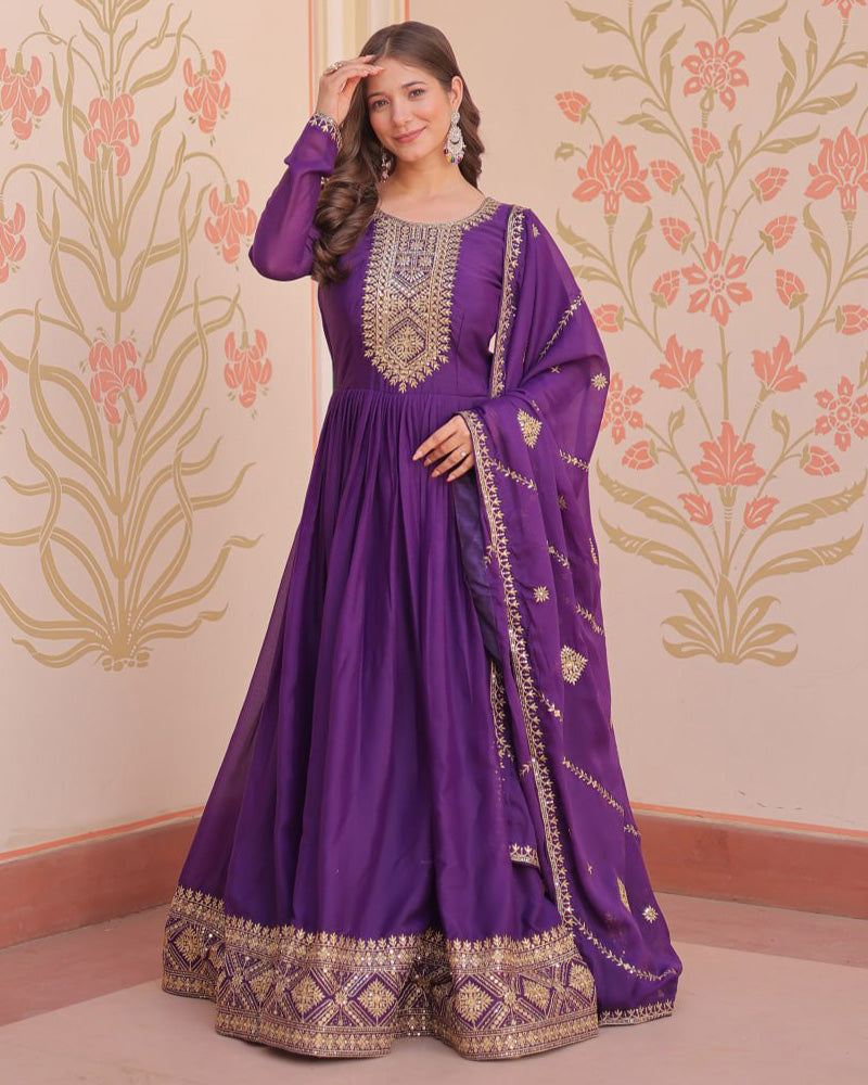 Purple Color Star Georgette Embroidered Gown