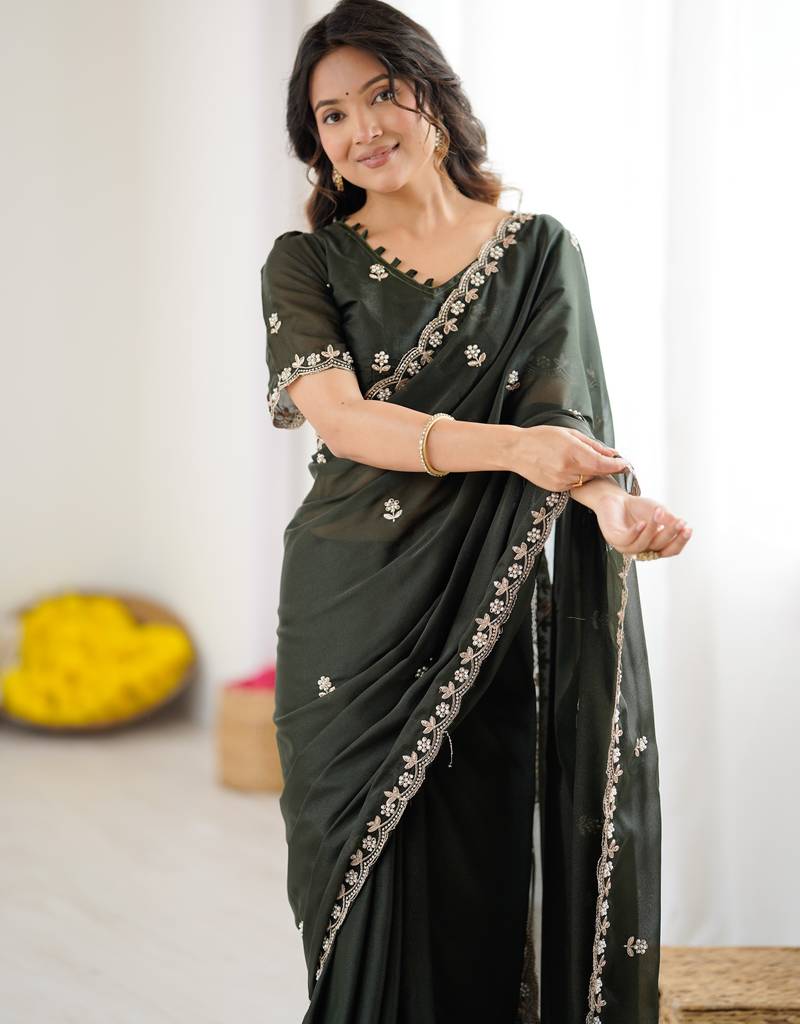 Mehendi Green Georgette Saree With Embroidery & Moti Work