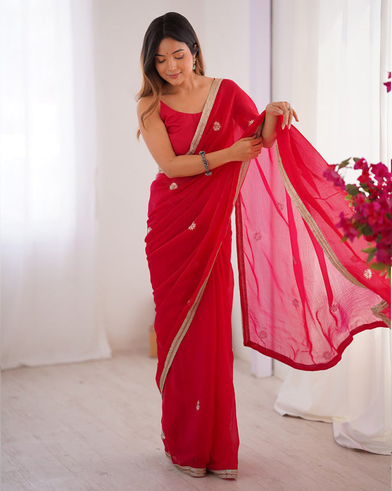 Rani Pink Color Smooth Fandy Embroidered Saree