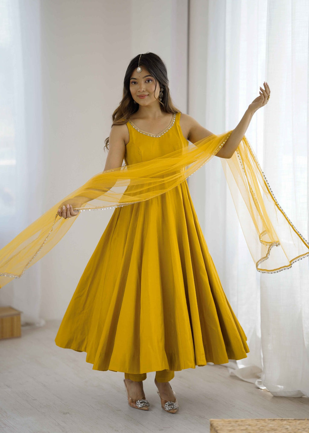 Yellow Color Chanderi Pure Roman Silk Anarkali Suit