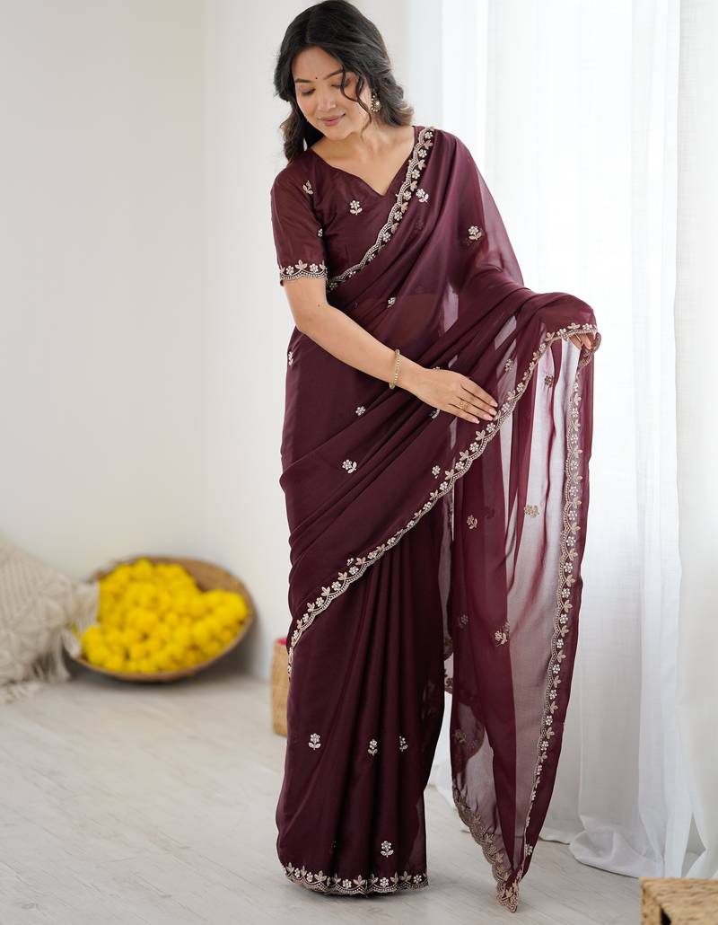 Dark Purple Georgette Saree With Embroidery & Moti Work