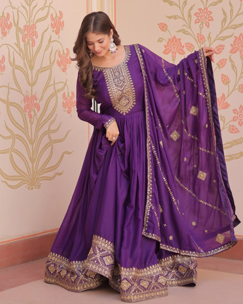 Purple Color Star Georgette Embroidered Gown