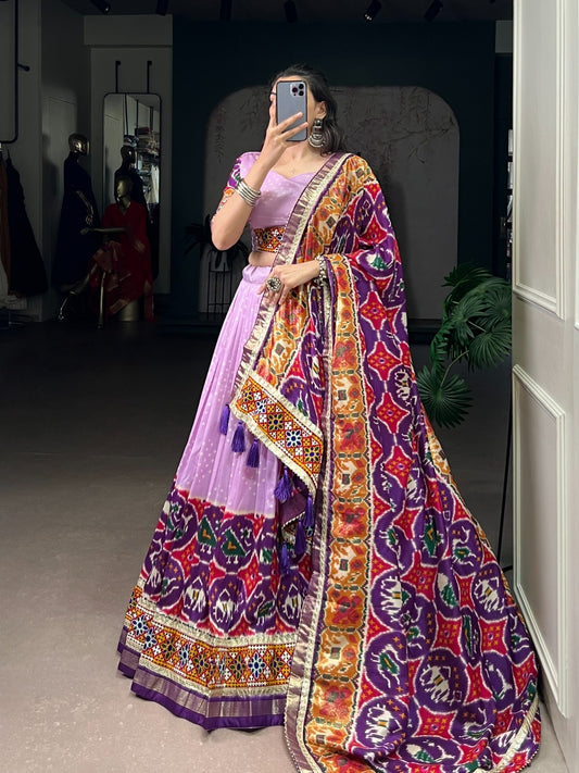 Today Presenting Navratri Special Chaniya Choly With Tasar Silk Print With Foil Work And Real Mirror Gamthi Work