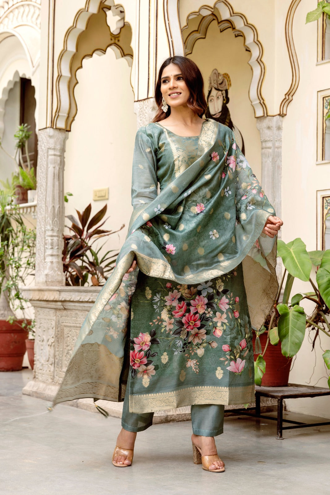 Elegant Sea Green Banarasi Silk Suit Set with Floral Dupatta