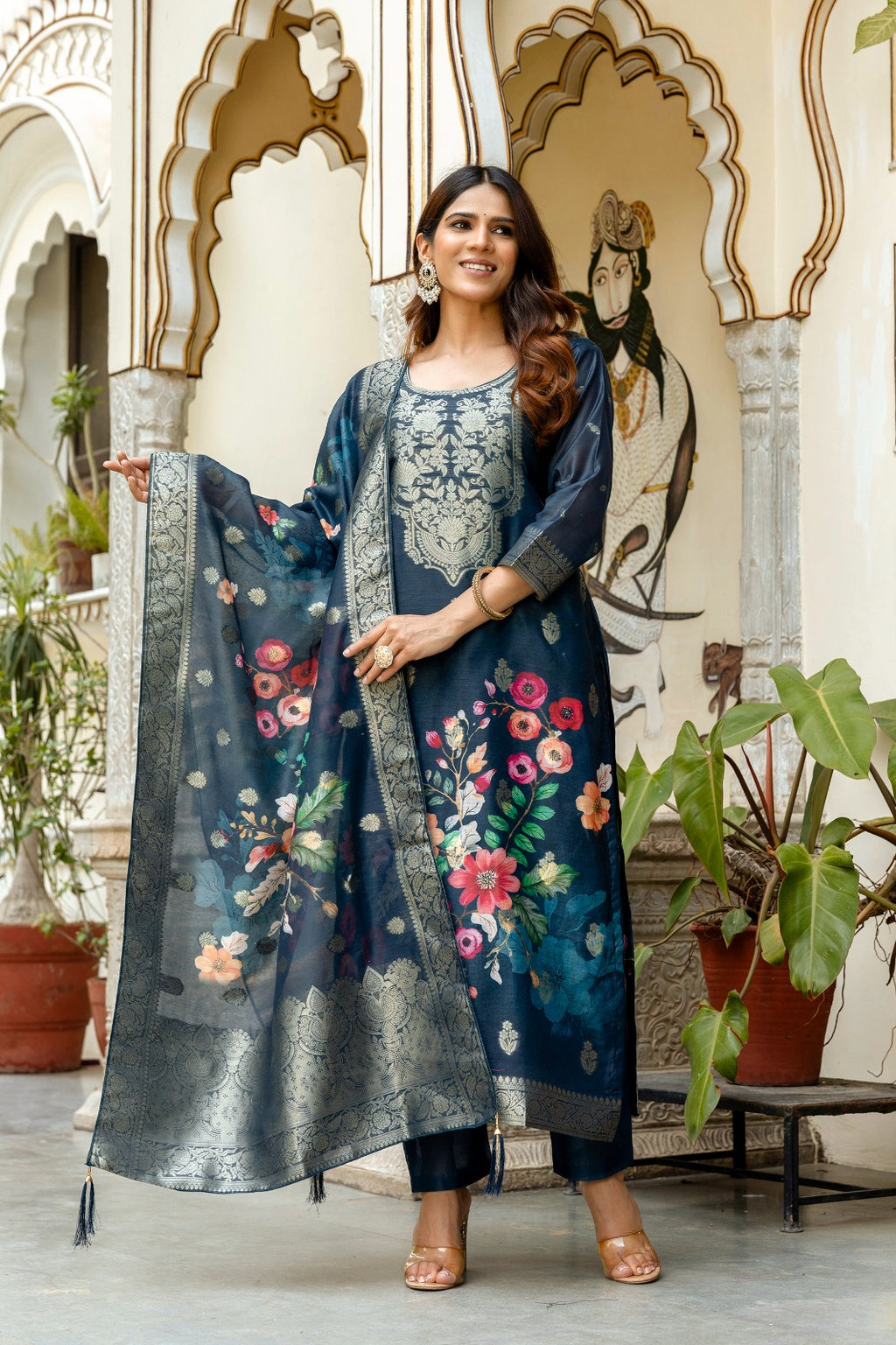 midnight blue Green Banarasi Silk Suit Set with Floral Dupatta