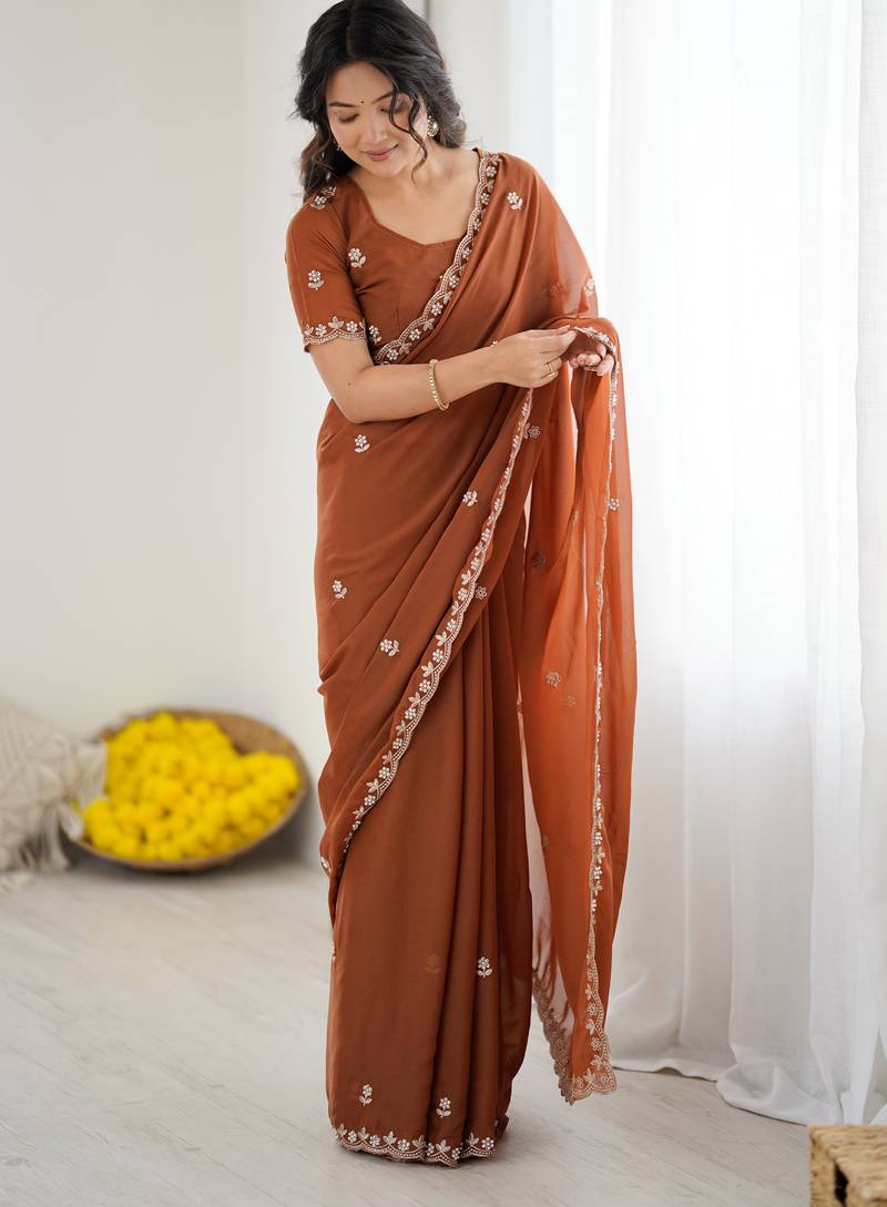 Rust Georgette Saree With Embroidery & Moti Work