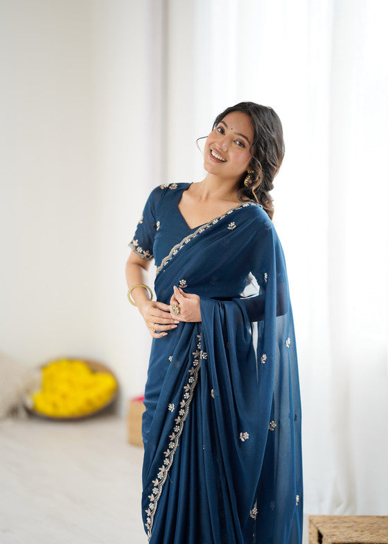 Blue Georgette Saree With Embroidery & Moti Work